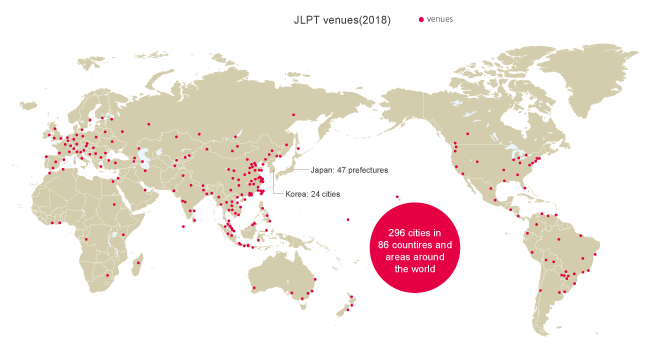 Countries/areas where JLPT is administered(2018 test figures)